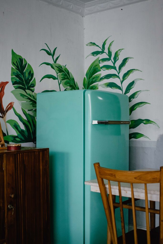 a blue fridge in a vegan kitchen