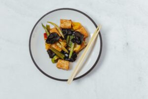 vegan soy in the form of tofu cooked in a vegan dish