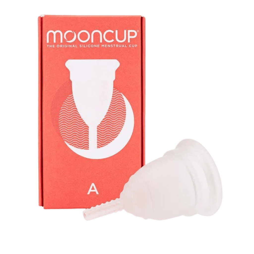 Mooncup lying in front of it's recyclable cardboard box