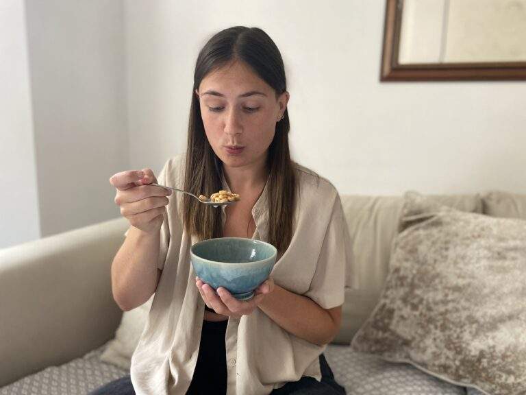 Lucy eating some vegan Surreal cereal