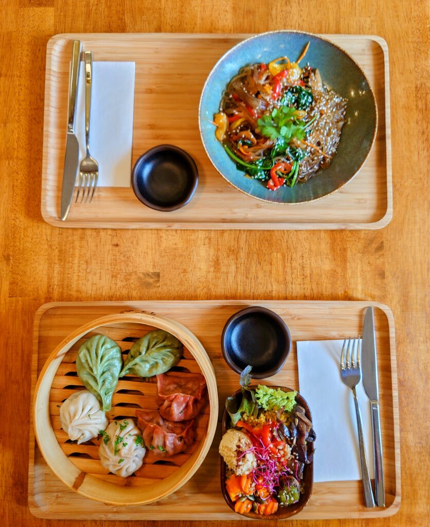2 adjacent dinner trays with vegetarian and vegan Asian food, including dumplings, vegetables, noodles, and soy sauce dipping bowls
