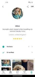 Alice's Trusted Housesitters' profile page. You can see her profile photo and her 5* review status
