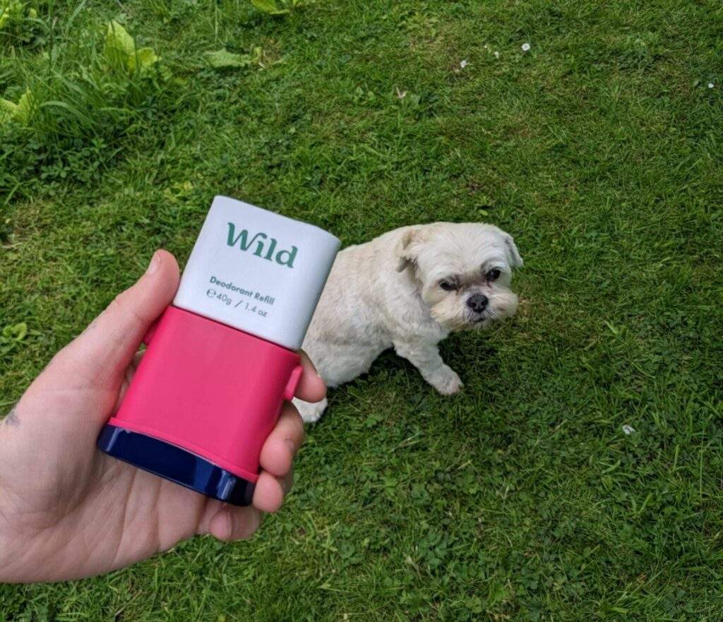 A hand is holding the base of the Wild deo case, the refill is securely in place. In the background, you can see a white lhasa apso sat on the grass