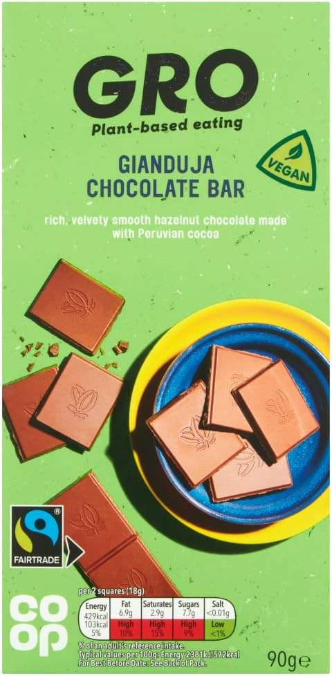 A bar of Coop's own brand and budget-friendly Gianduja fairtrade chocolate that contains no milk or palm oil