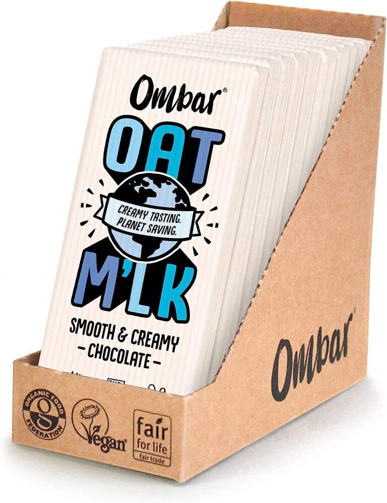 A cardboard sleeve containing Ombar Oat Milk Chocolate bars. The cardboard sleeve has organic, vegan and fairtrade certification stamps on the front
