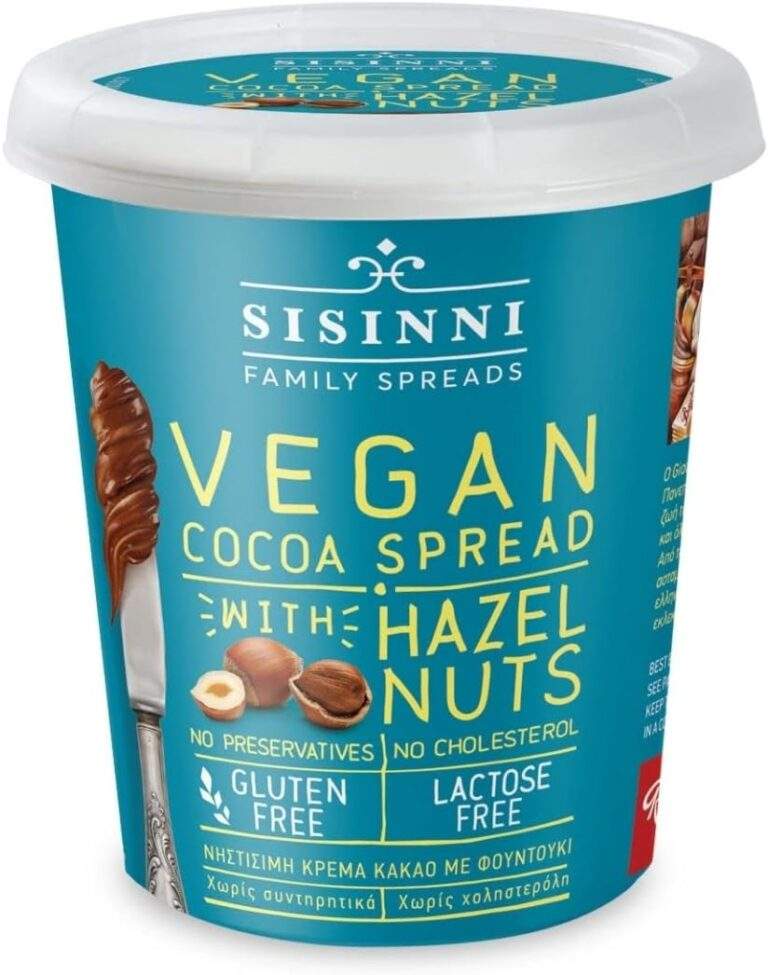 A tub of Sisinni vegan cocoa spread with hazelnuts