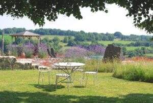 A view of the gardens at the French vegan B&B Under the Lime Tree