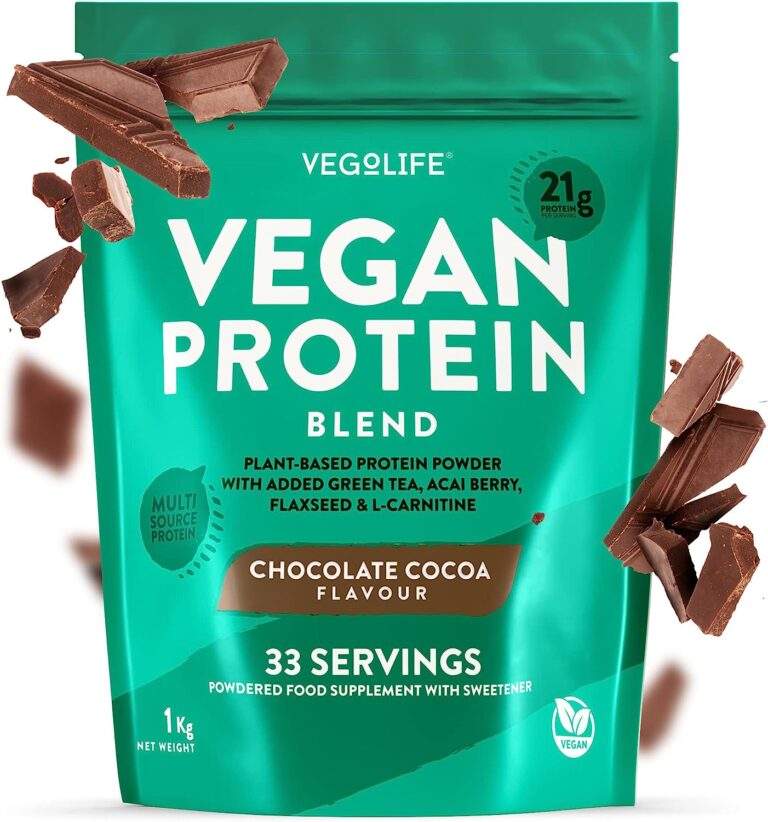 A bright green bag containing plant-based protein by Vegolife. There are chocolate pieces surrounded the bag
