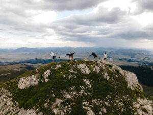 Alice, her partner and two friends are stood on top of a mountain peak in Montenegro. Alice is the only one facing forwards, the rest are facing away and they are all standing in yoga poses