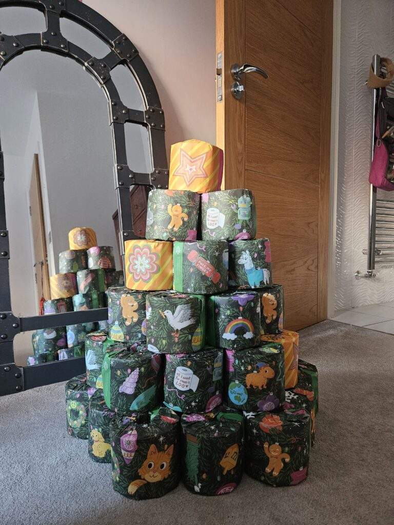 A TP Christmas tree made out of stacked toilet rolls