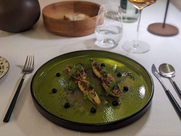 A vegan dish from the exclusive vegan tasting menu they created for my visit at Michelin star restaurant Auberge de Montfleury in the Ardeche region of France. It's a green plate with some endives and shallots and caramelised onions. There's black garlic and truffle ketchup dotted around the plate